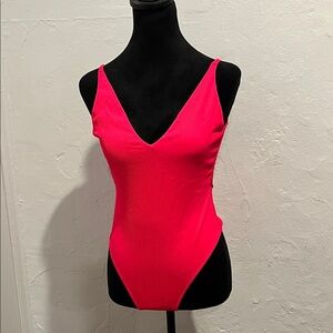 Topshop pink ribbed v-neck one-piece swimsuit